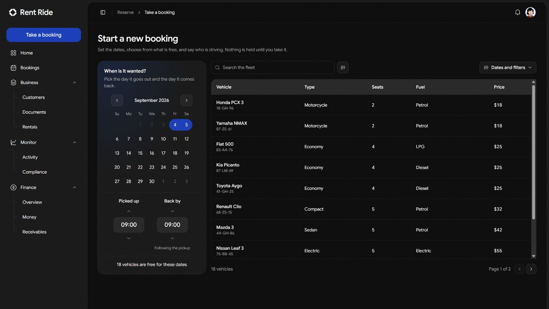 Booking page in Rent Ride