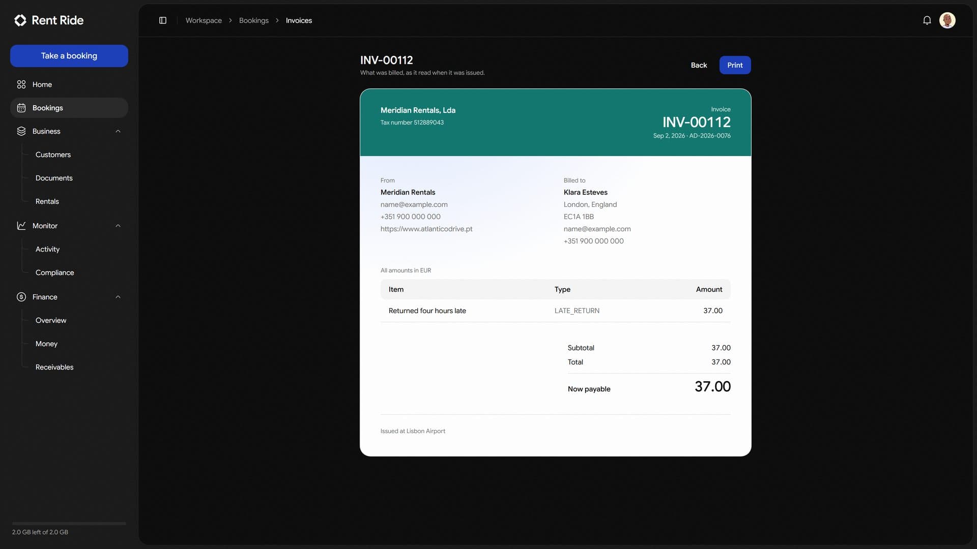 An invoice in Rent Ride, with the business’s own colour across the head of it.