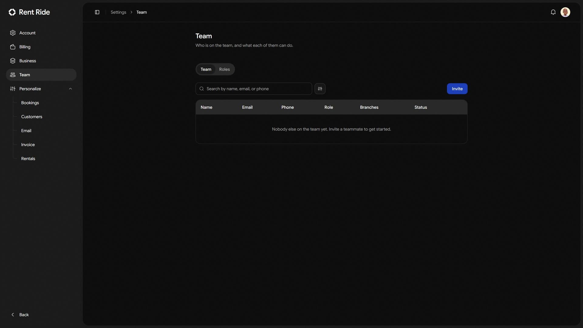 The team settings in Rent Ride, listing each member with the role and branches they are scoped to.