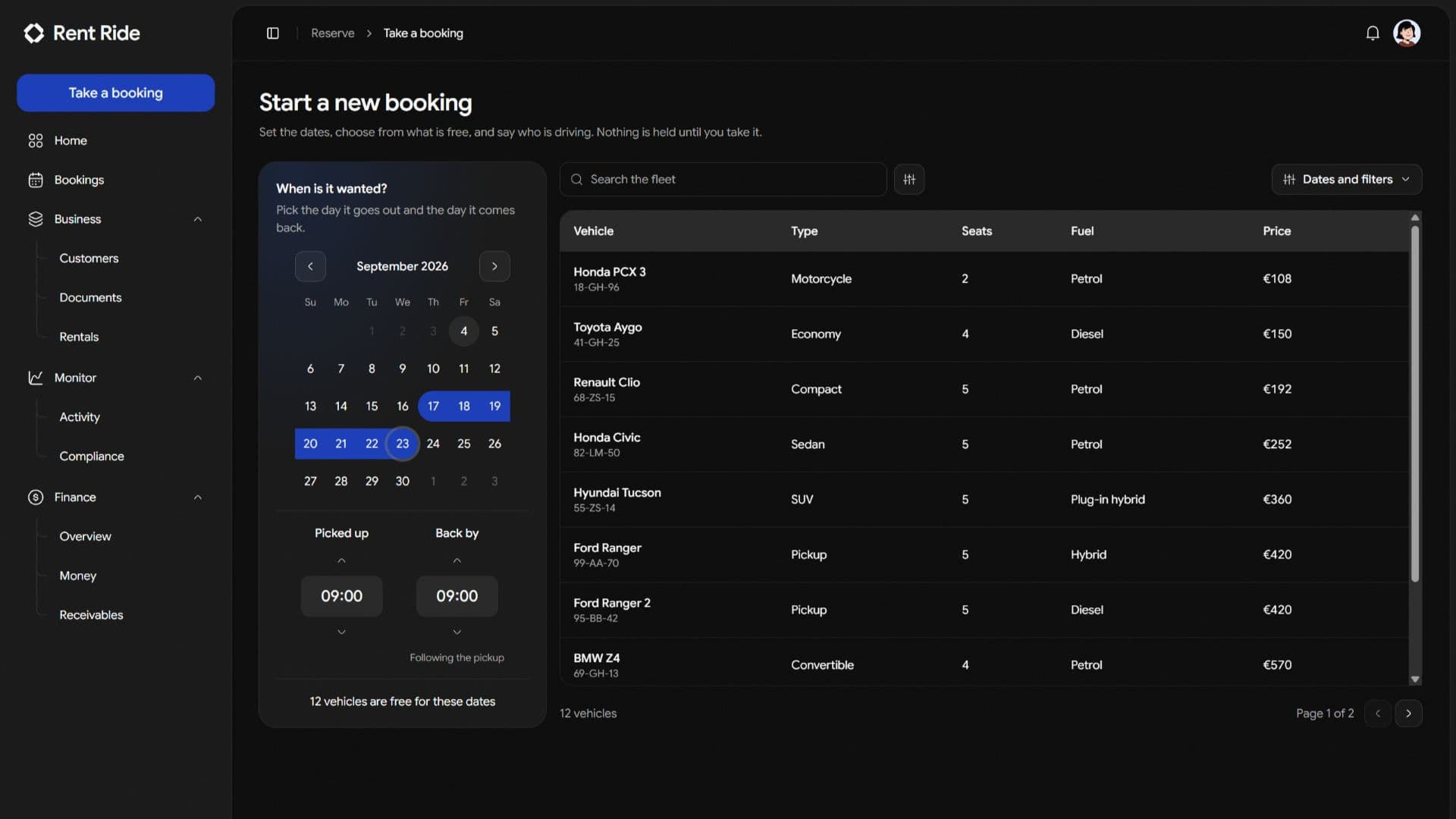 Taking a booking in Rent Ride: the dates on the left, and the vehicles free on those dates beside them.
