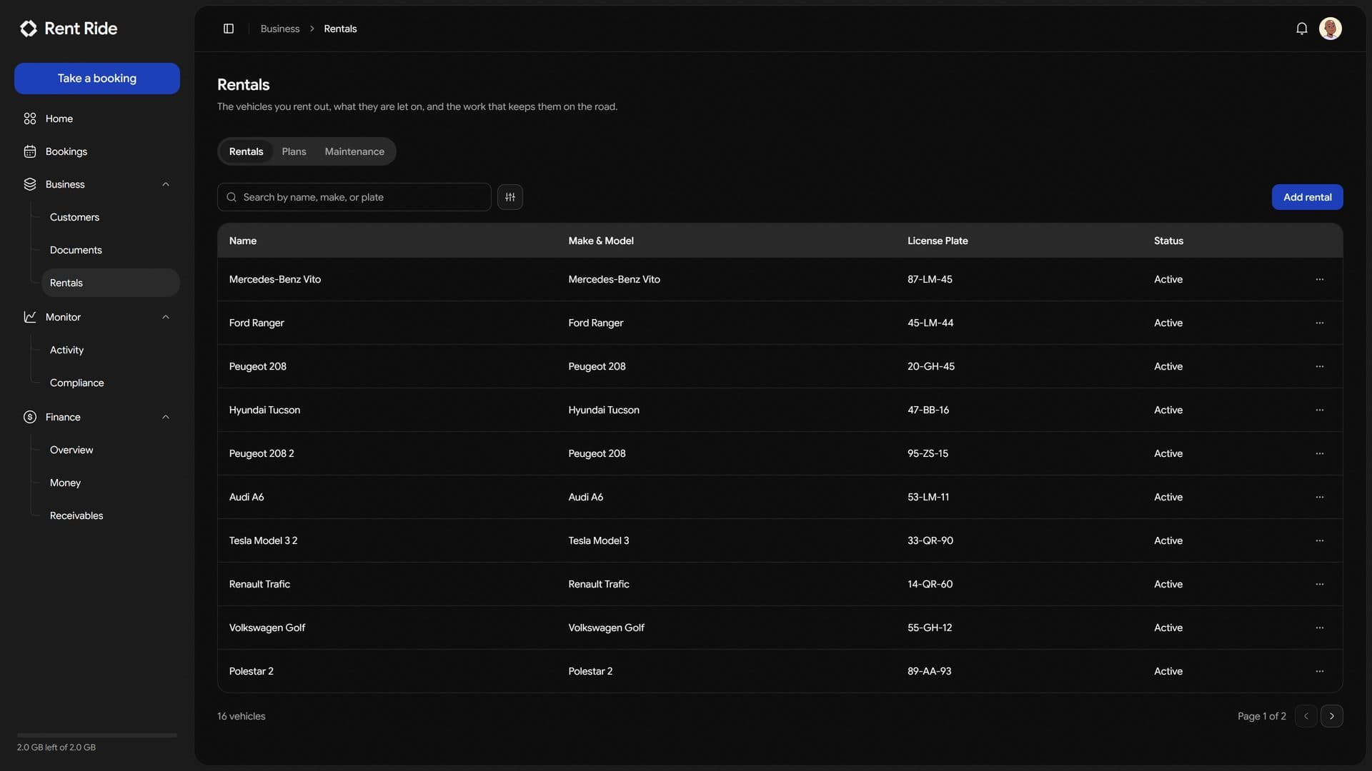 The rentals list in Rent Ride, with each vehicle’s name, make and model, plate and status.