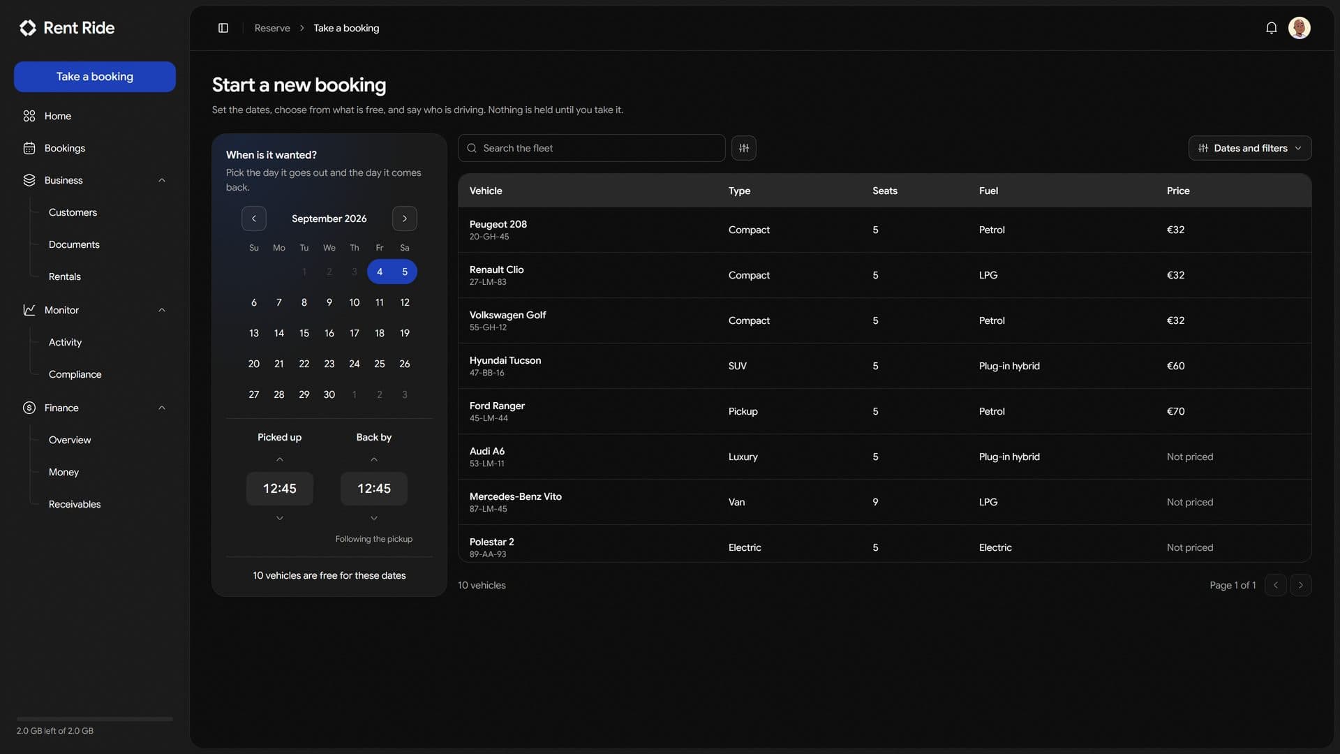 Taking a booking in Rent Ride: the dates on the left, and the vehicles free on those dates beside them.